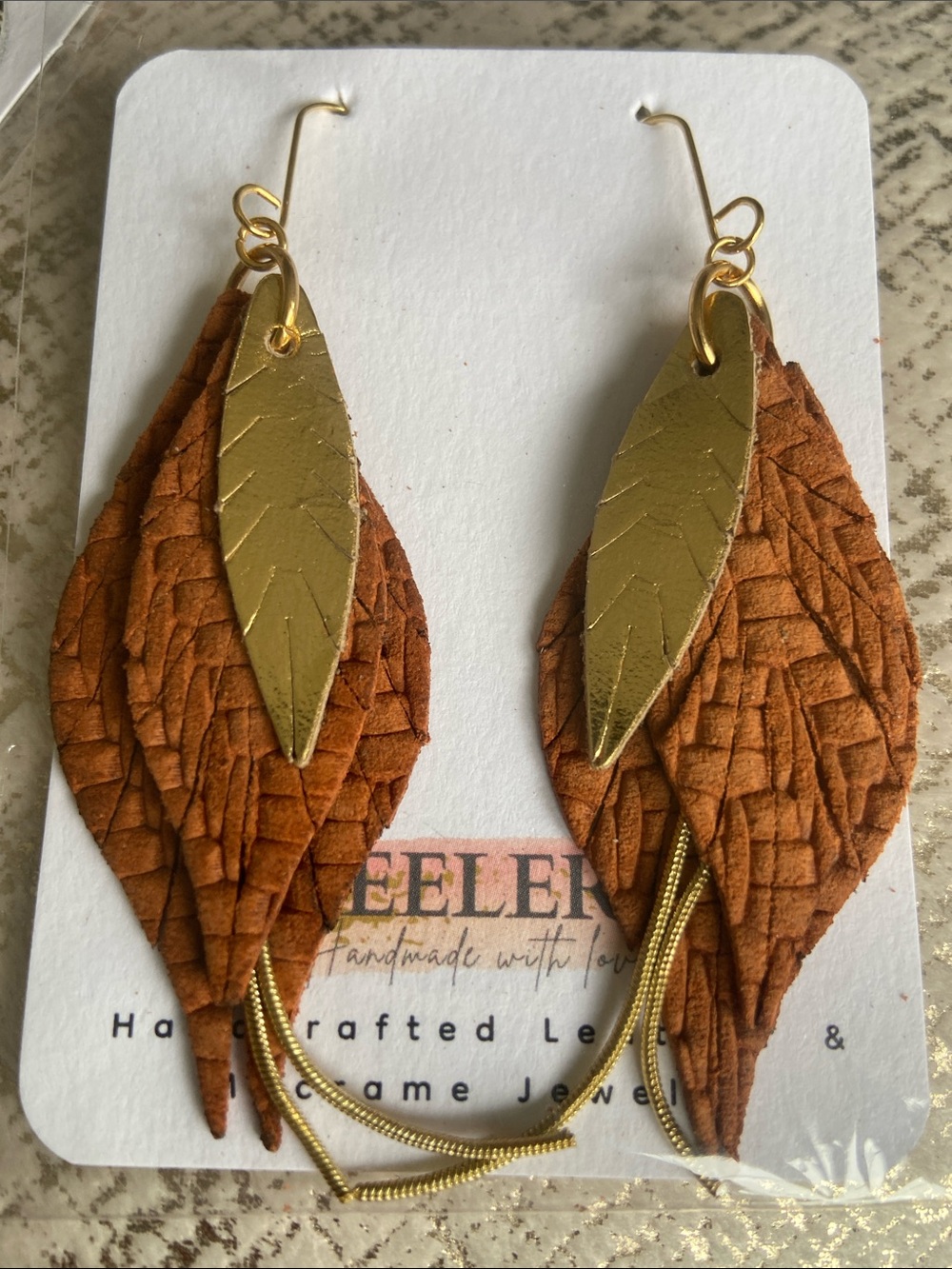 Handcrafted Brown Leather Feather Drop Earrings & Leopard/Fall Season Earrings - Picture 3 of 12